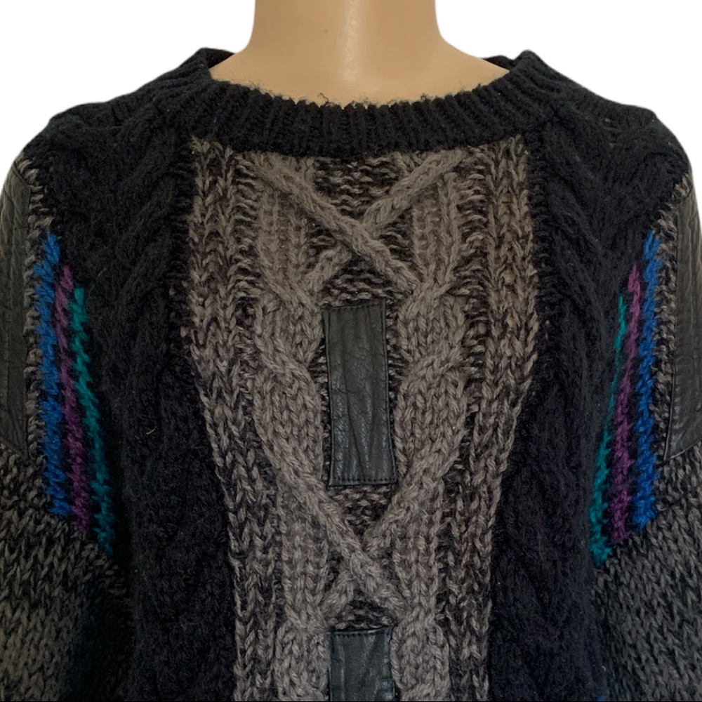 VTG Nino Foriero Leather Patch Braided Knit Dark Academia Sweater